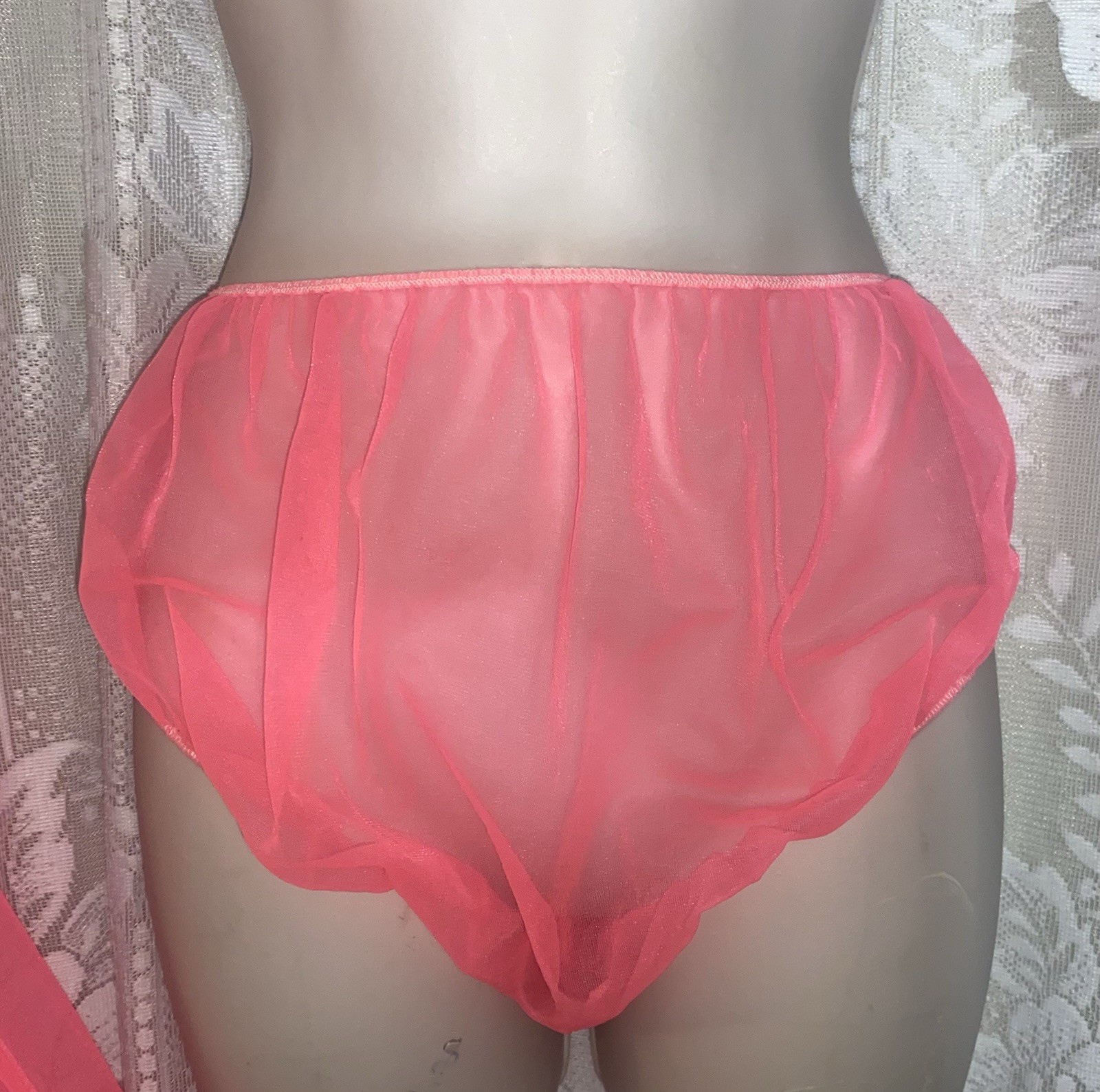 VTG NWOT L XL NEON CORAL Ultra Sheer Chiffon Full Sweep Nightgown w Panties Set