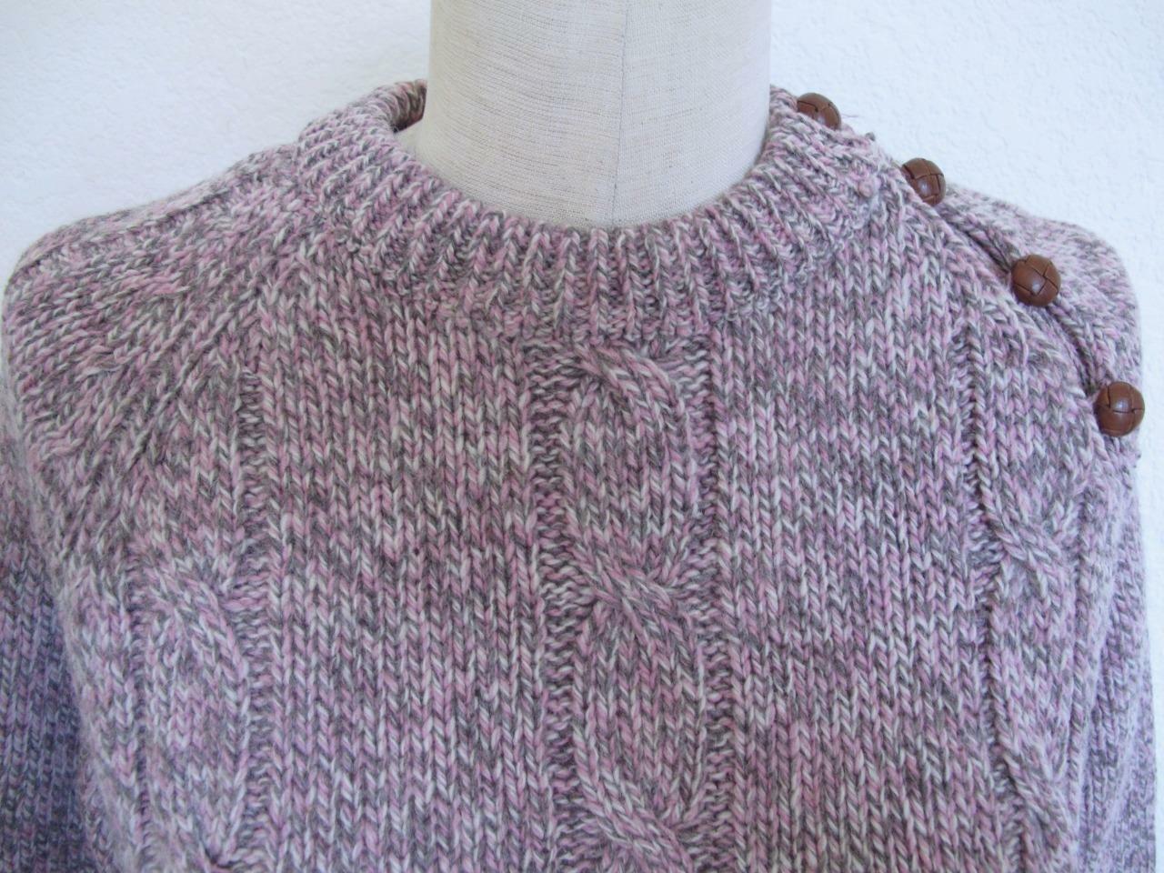 Vintage Carroll Reed Ski Shops Wool Cable Sweater S M Pink Taupe Leather Button