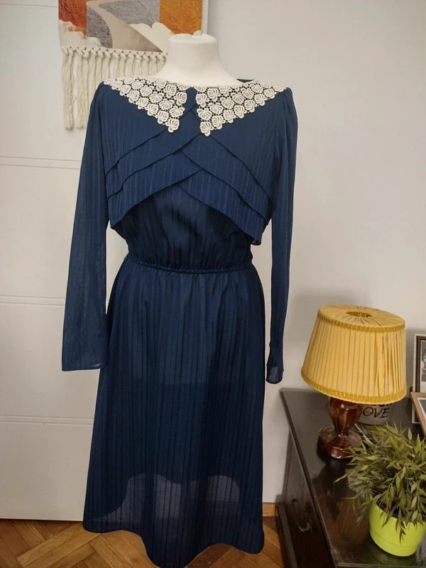 Rice Pudding Ltd Vintage 70s 80s Lace Collar Dress Navy Blue Striped Made in USA