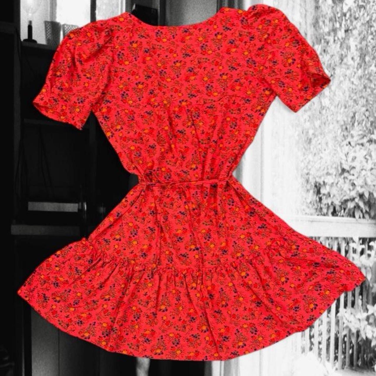 Betsey Johnson Pink Multicolor Floral V-Neck Ruffle Puff Sleeve Dress S
