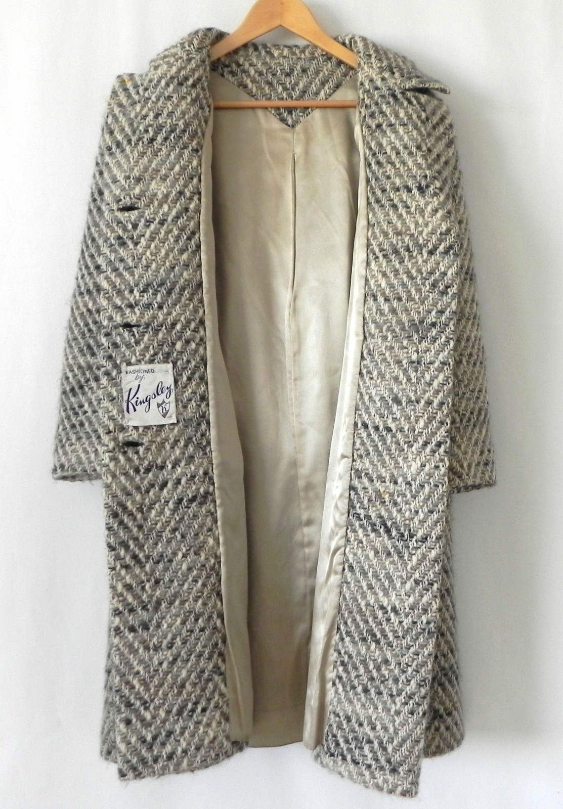 Vtg Kingsley Coat Double Breasted Heavy Woven Wool Pockets Size S