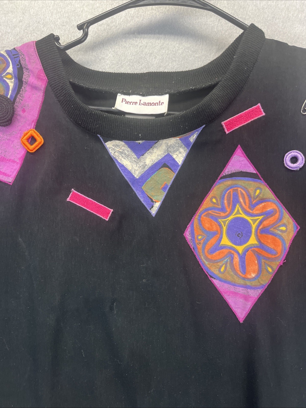 Pierre Lamonte Black Colorful Embellished Blouse Vintage 80s Size 12 Made USA