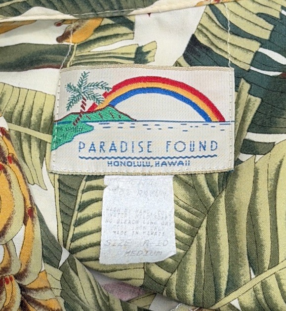 Paradise Found Vtg Hawaiian Shirt Bananas Palms M Green Red Button Cotton HOLE