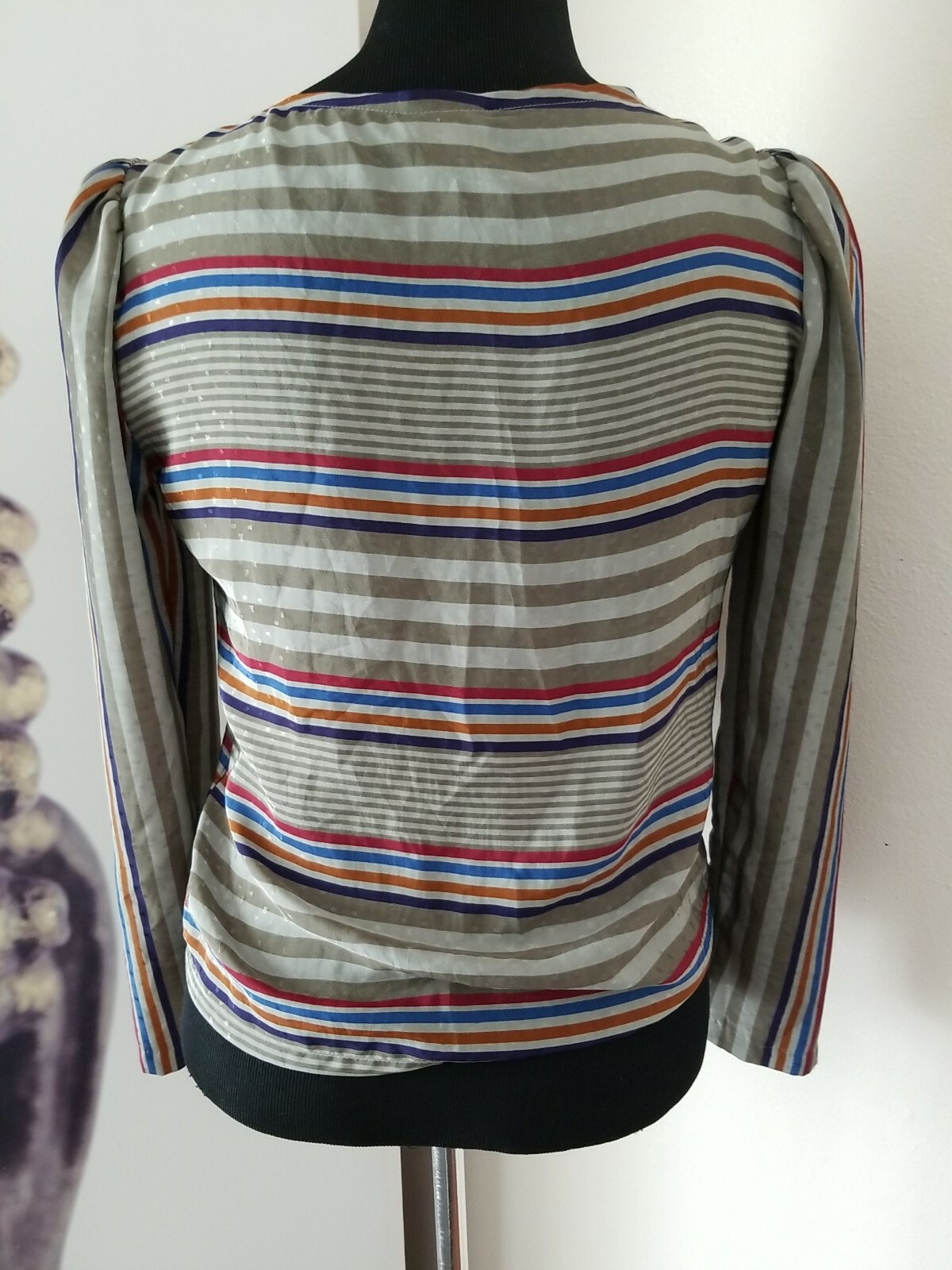 Vintage LANGTRY Striped Pullover Puff Sleeve Vertical Pleat Blouse Size