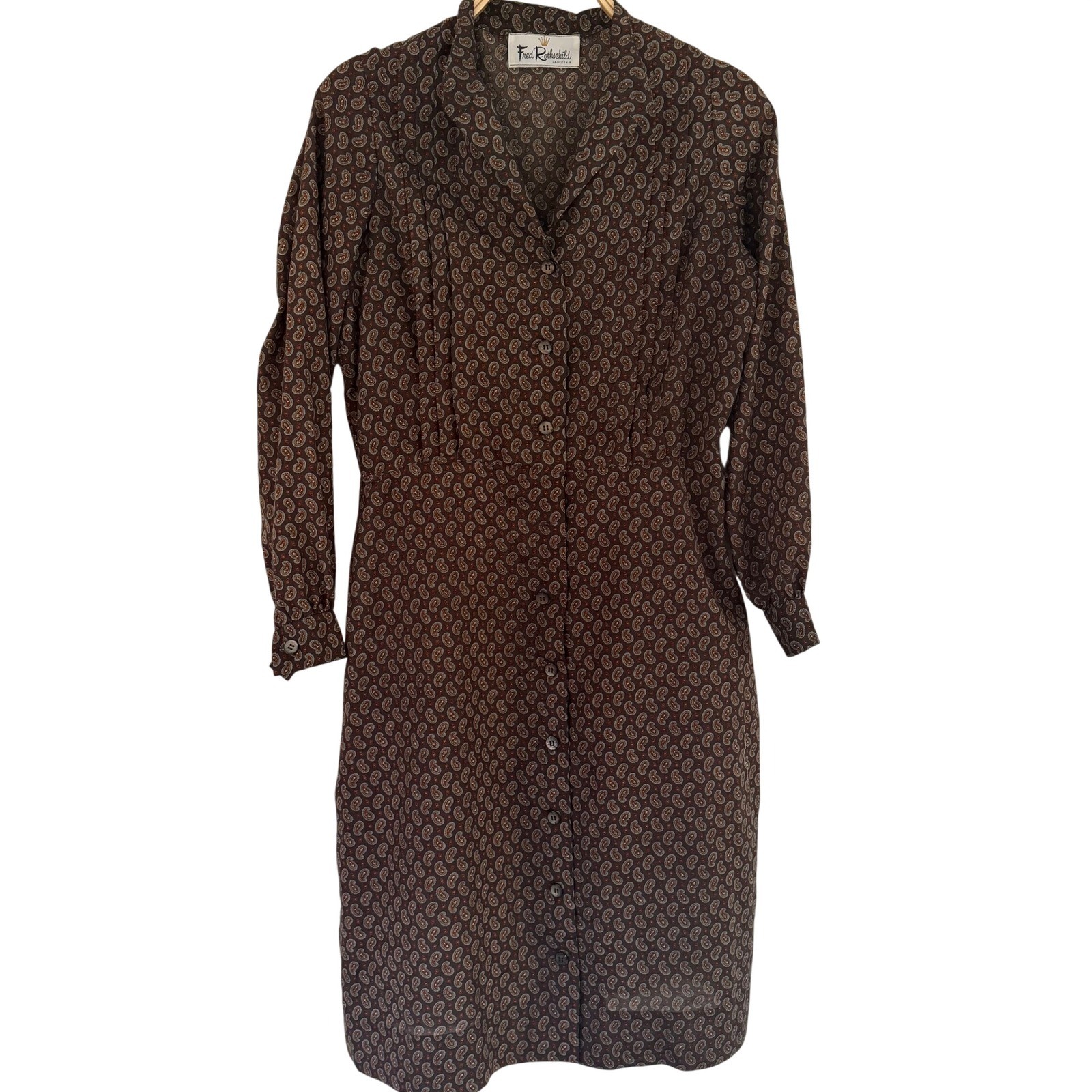 Vintage Fred Rothschild California Brown Paisley Button Front Shirtwaist Dress