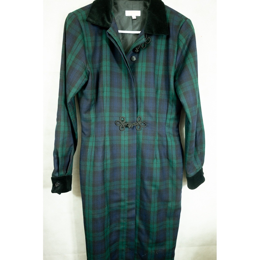 Brooks Brothers Black Watch Plaid Wool Coat Dress Velvet Trim Frog Closure Sz 4