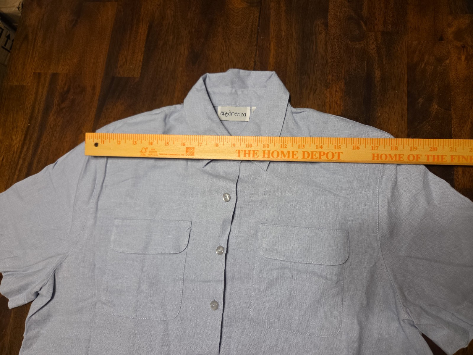 VTG Apparenza Blue Linen Rayon Camp Shirt Petite L Flap Pockets Shoulder Pads