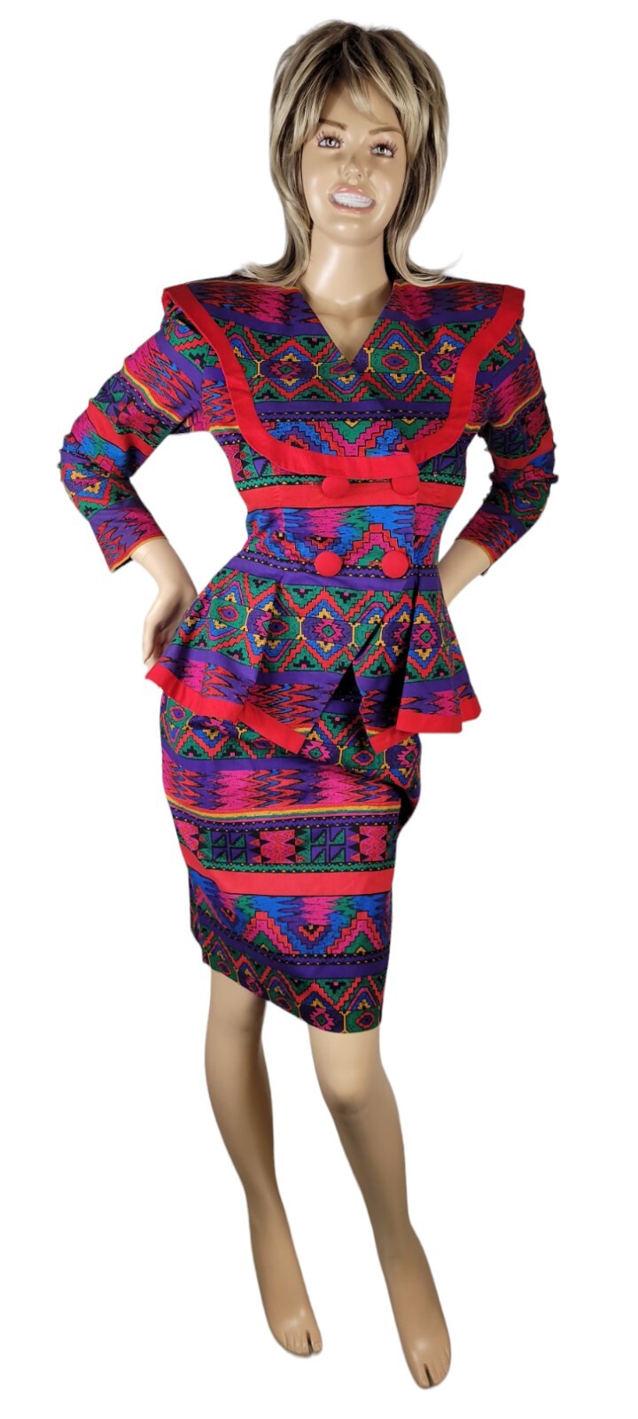 Vintage 80’s Leslie Lucks Retro Peplum Southwestern Skirt Jasket Suit Set Sz 8