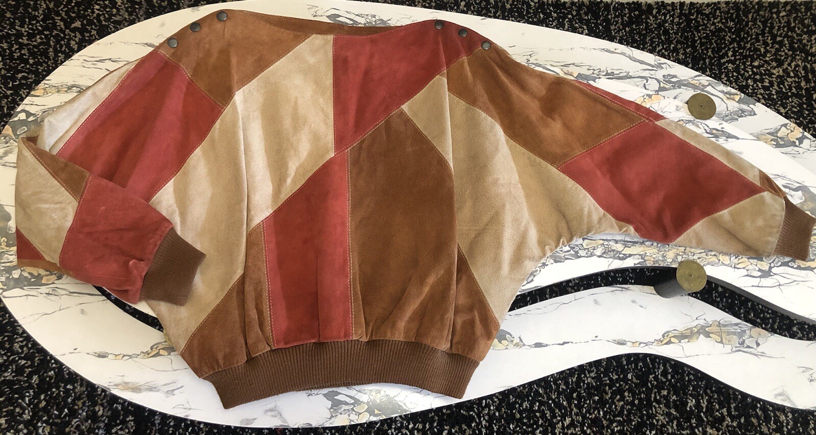 Vintage Color Block Suede Batwing Top The Tannery 70s 80s Patchwork Sz 15/16
