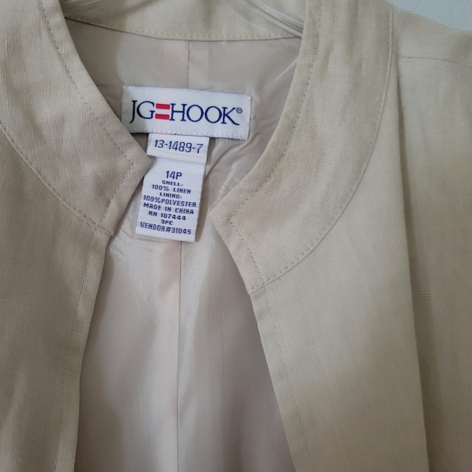 Size 14p Vintage JG Hook Linen Beige Long Open Nehru Jacket Lined Side Slit