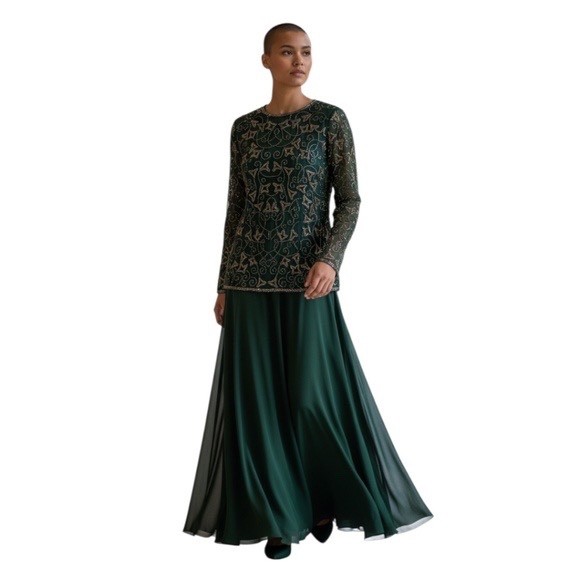Vintage Evening Gown Niteline by Della Roufogali Green beaded Long sleeve, SZ 16