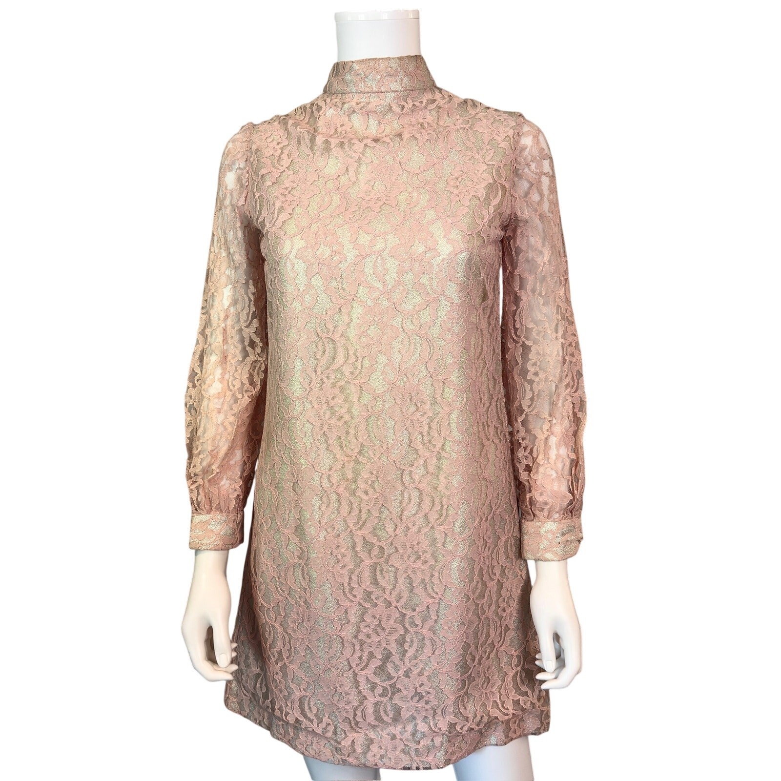 Vtg 60s Pink Metallic Lace Mini Dress S/M High Neck Mod Party Go-Go Sheer Sleeve