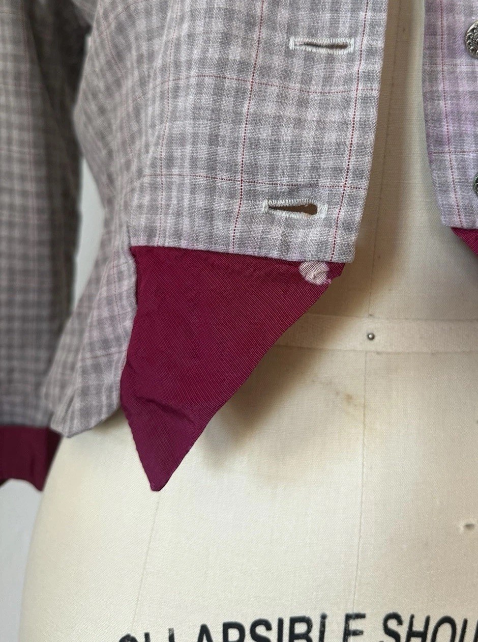 1940s Plaid Rayon Structured Peplum Jacket/Bodice Top W/ Contrast Faille Trim S