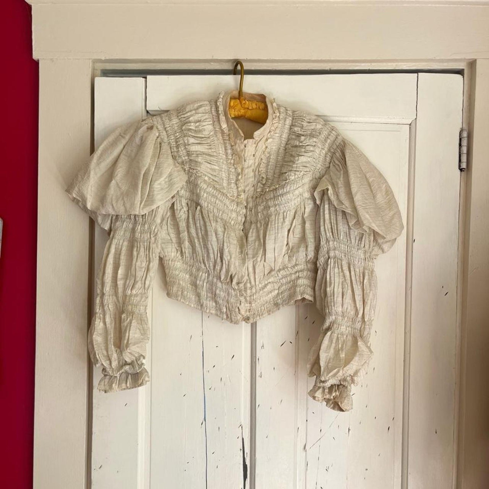 Antique Victorian Mint Green Cream Stripe Silk Ruched Puff Sleeve Bodice XXS