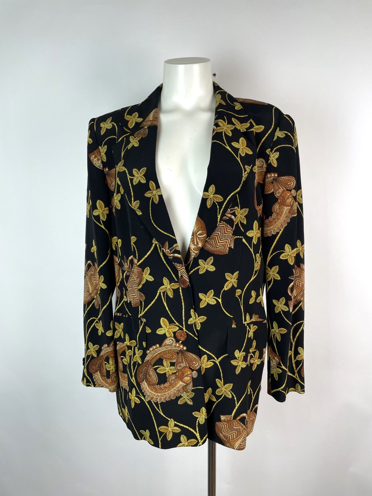 VTG 80s Rare Stunning Tribal Print Black 100% Silk Jacket 42 Germany