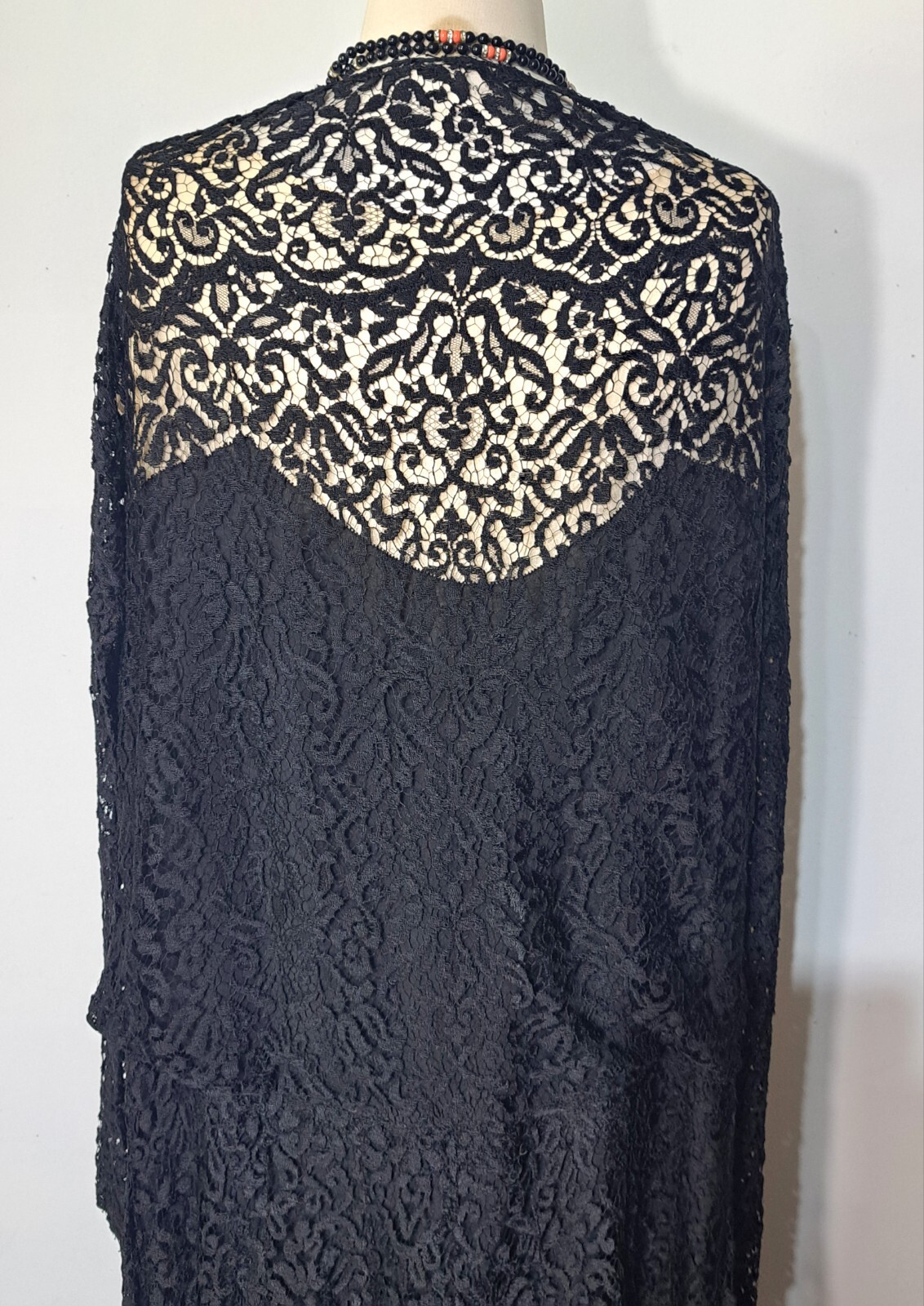 Antique 1920s Dress Black Lace over Silk Dropped Waist Long Sleeve