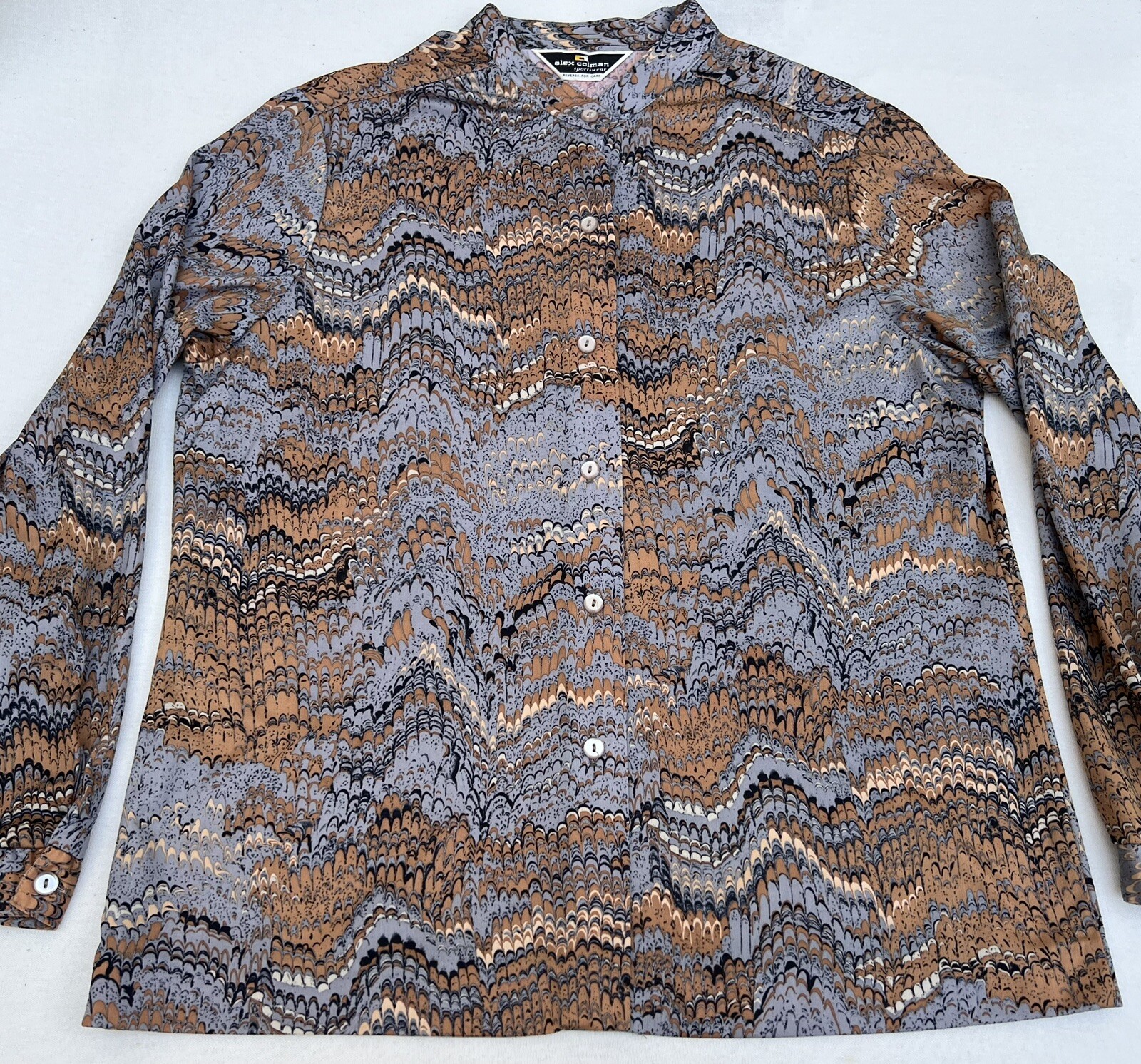 Vintage 1970s Marbleized Print Tunic LS Blouse Mandarin Band Collar Alex Colman