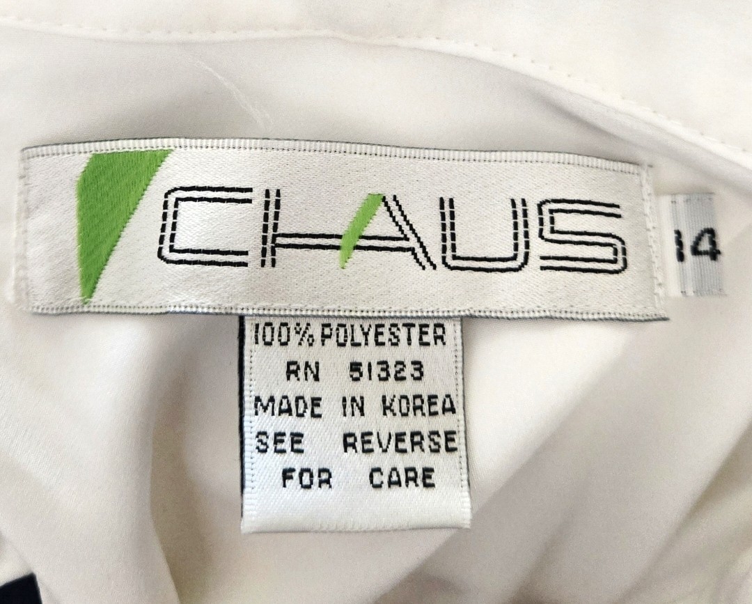 1980s CHAUS SPORT White Blouse With Sailor Collar & Navy Blue Trim & Tie Sz 14