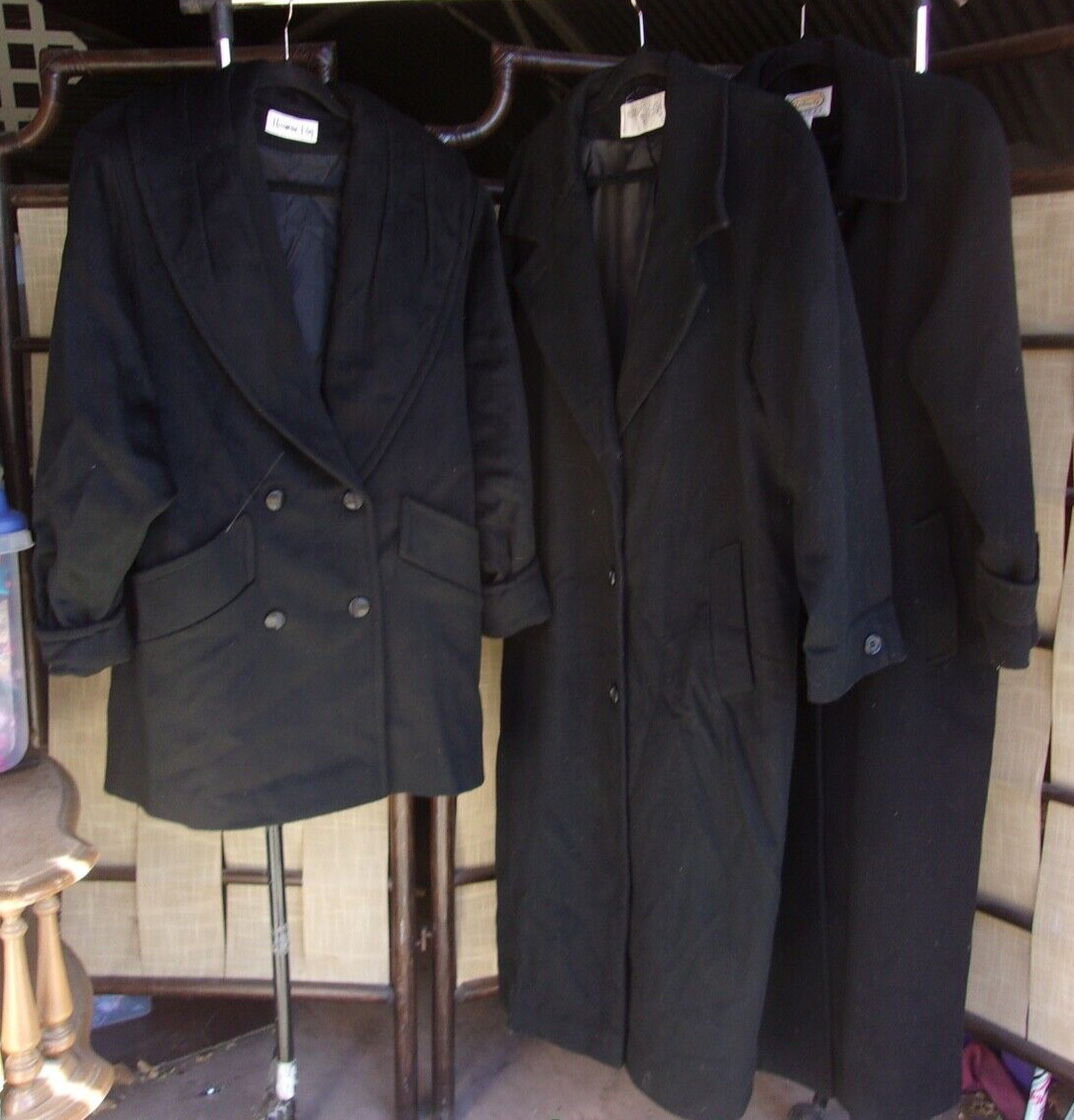 Lot 3 Vintage Womens Warm Winter Black Long Coats Jacket Wool Cashmere 1980s 90s