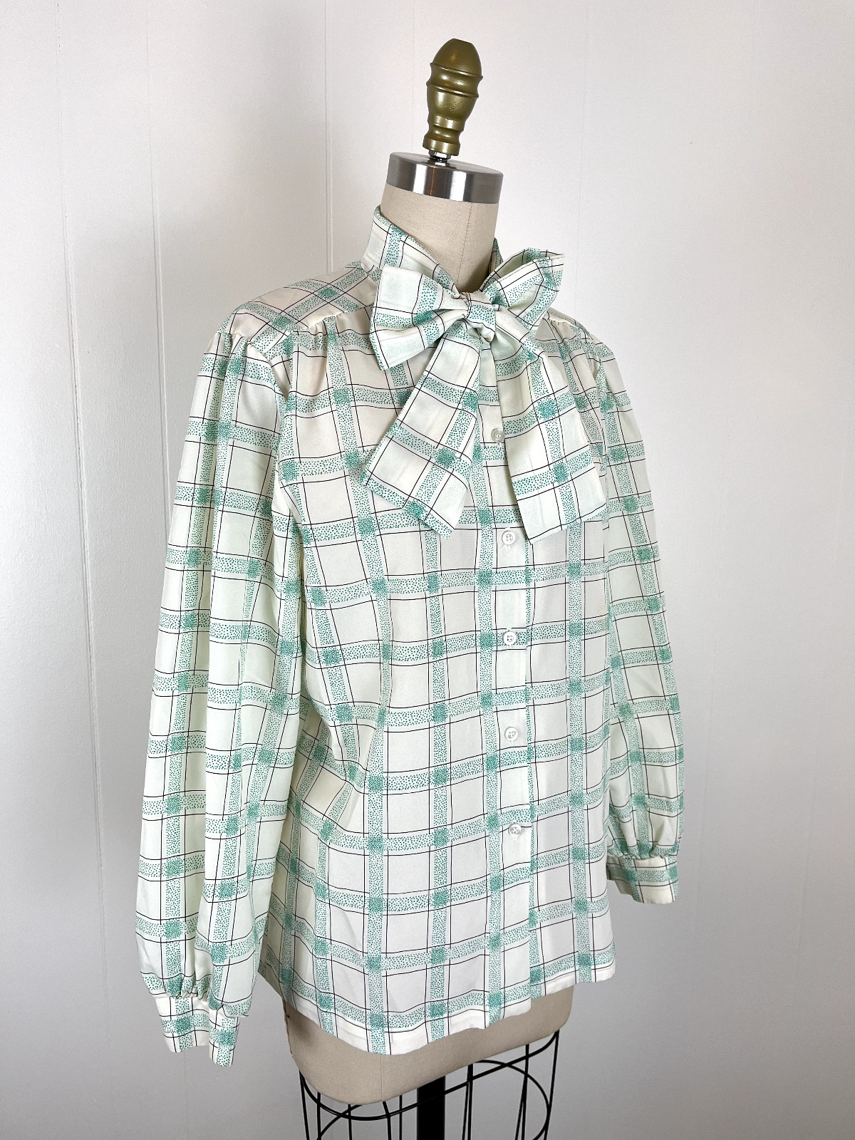 Vintage Pussy Bow Blouse Secretary Geek Medium Made in USA Windowpane Plaid