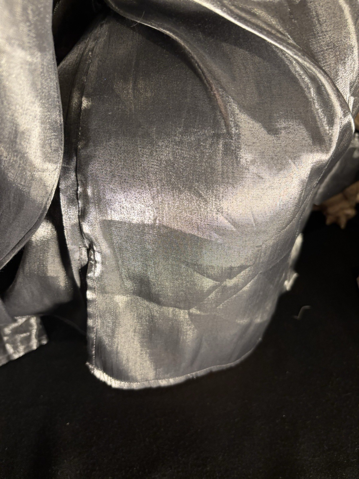 Vtg Satin Secretary Office Button Up Notch Silver Office Blouse L XL 44″