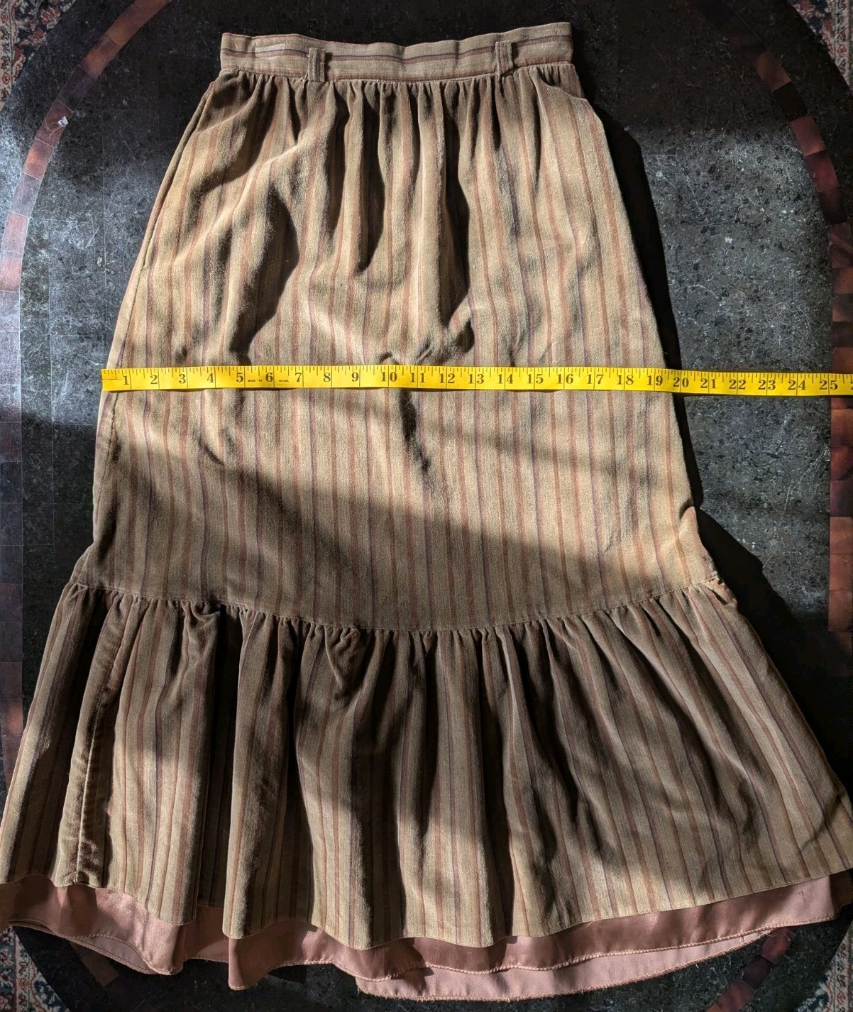 Vintage 1970s The Strawberry Plant Striped Velvet Midi Skirt w/Ruffled Hem XS
