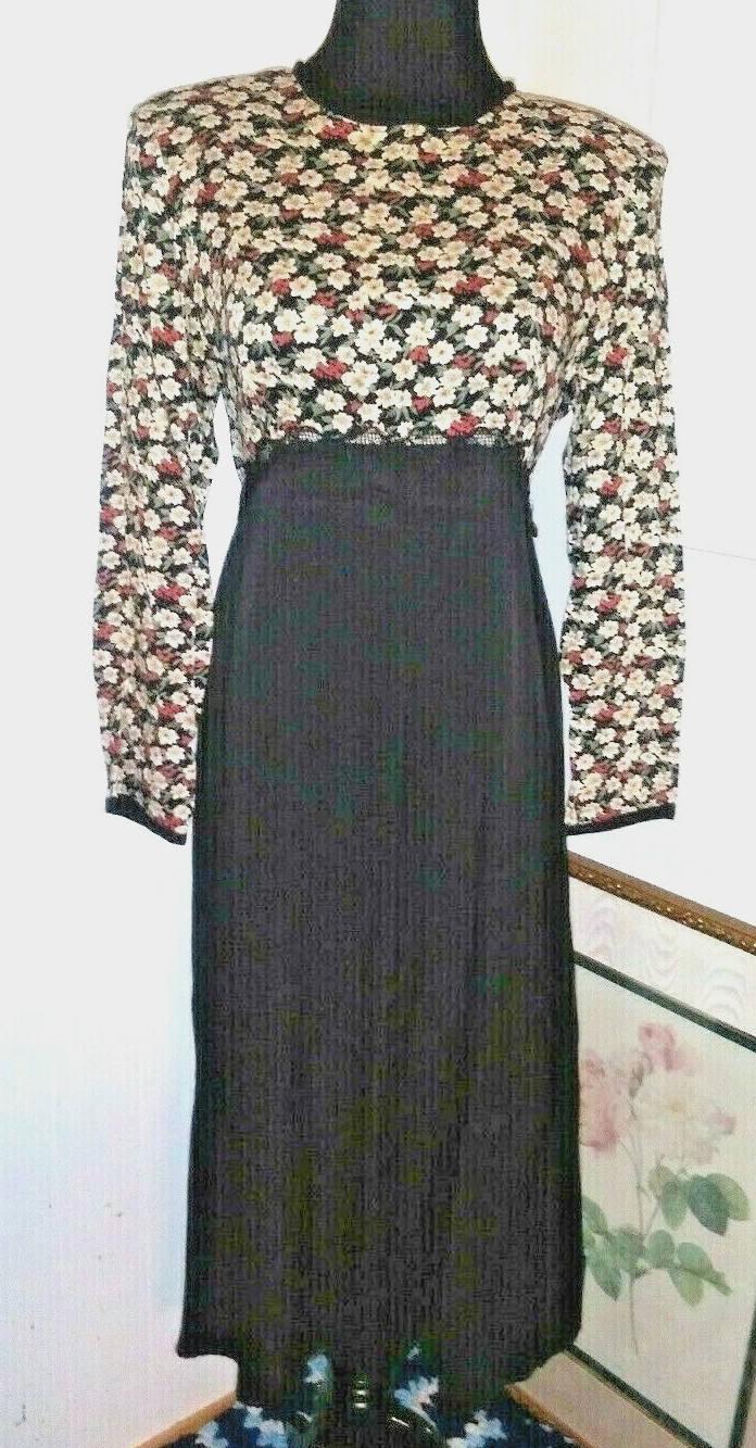 WHIRLAWAY FROCKS dress Black Floral Sz 10P Vintage Prairie Modest waist ties EUC