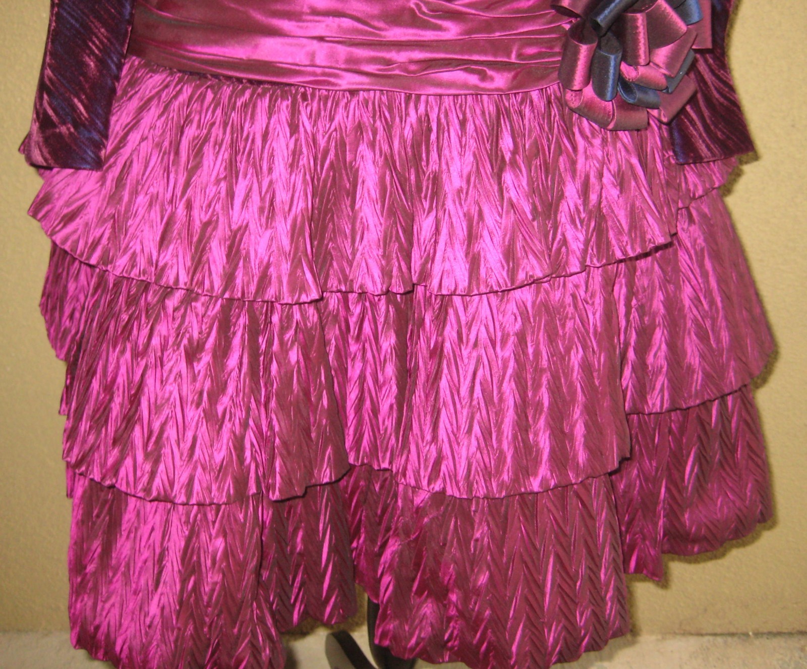 Vintage 80s burgundy/wine velveteen dropwaist taffeta tiered ruffles party dress