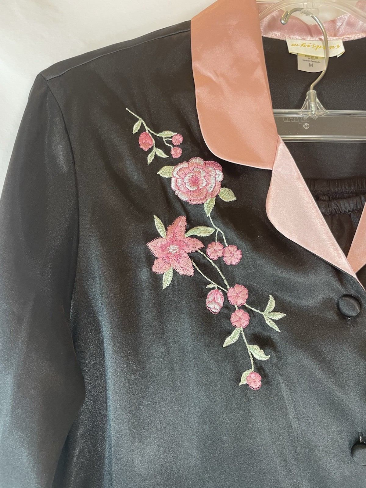 Vtg Whispers Ladies M Satin Pajama Set Black New NWT Embroidered Pink Flowers