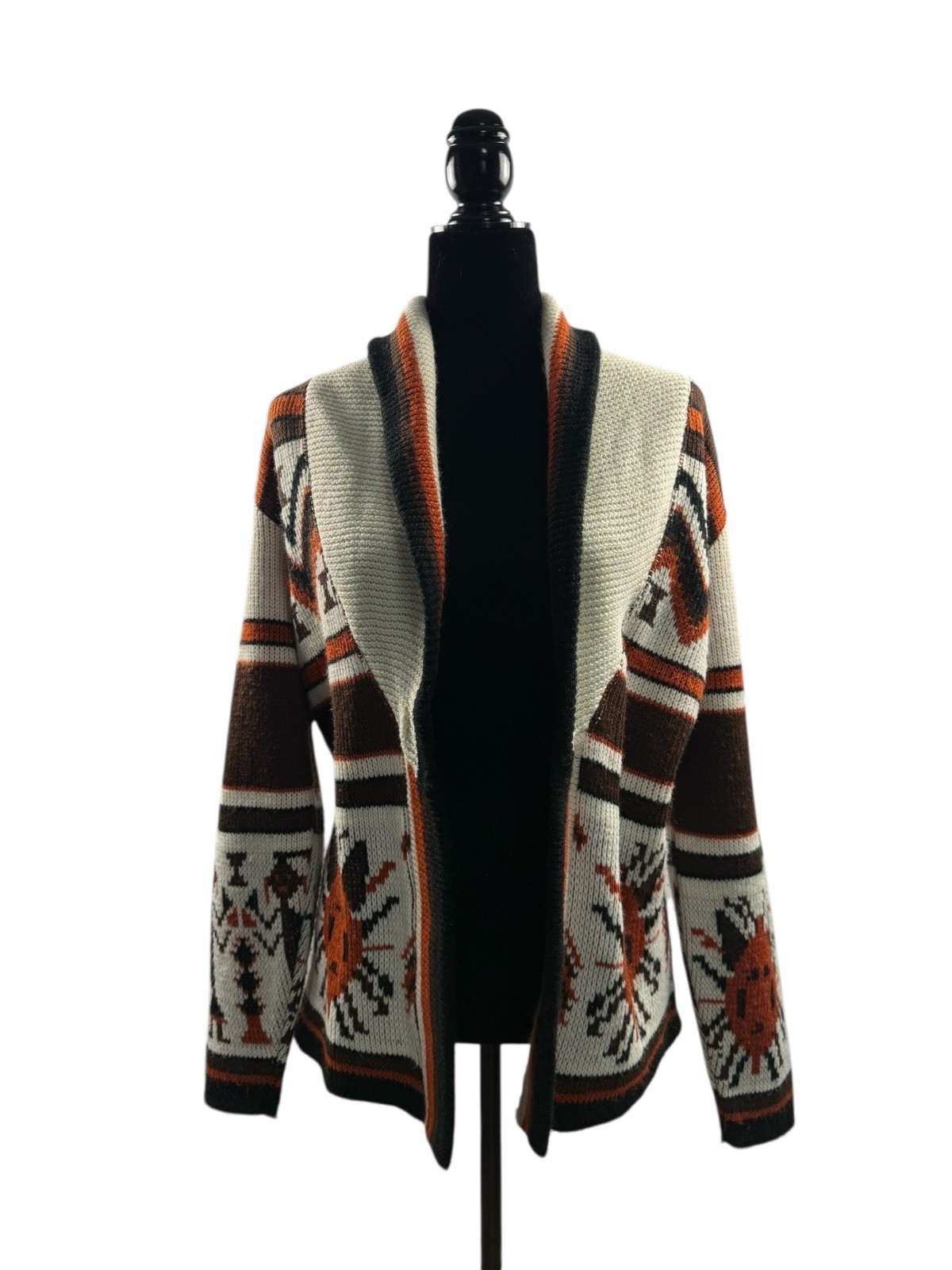 VTG Cardigan Sweater Aztec Knit Open Front Shawl Collar Earth Tones Sz S No Belt