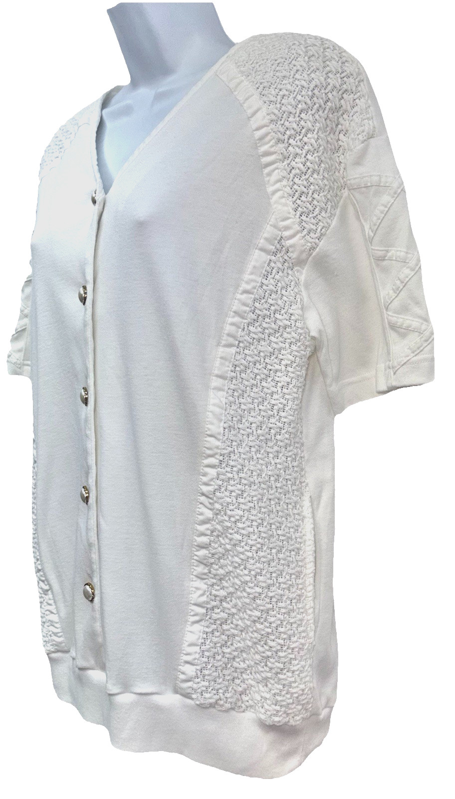 Vintage Rafael Women Size S Short Sleeve Button Up V-Neck Top White Side Pockets