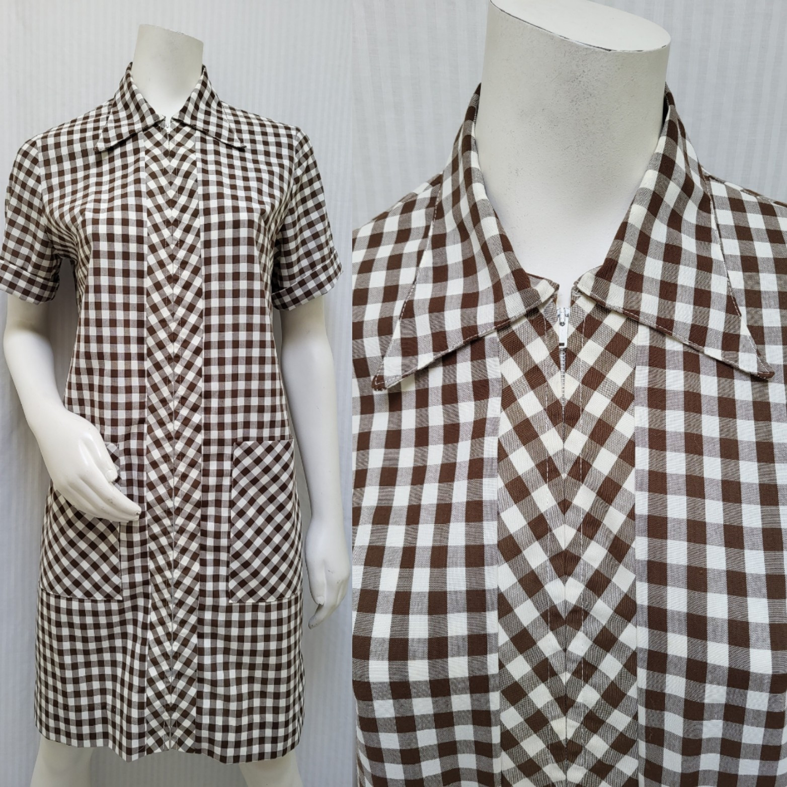 Vintage 1950/60s Brown Check Zip Front Collared Dress – Size M -EUC