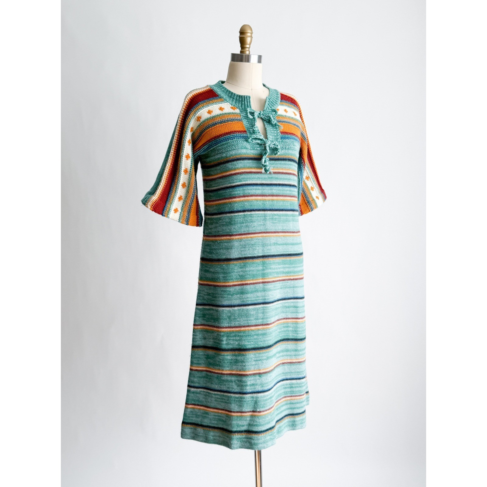 Albee Vintage 70s Knit Midi Dress Boho Striped Bell Sleeve L Teal Orange Retro