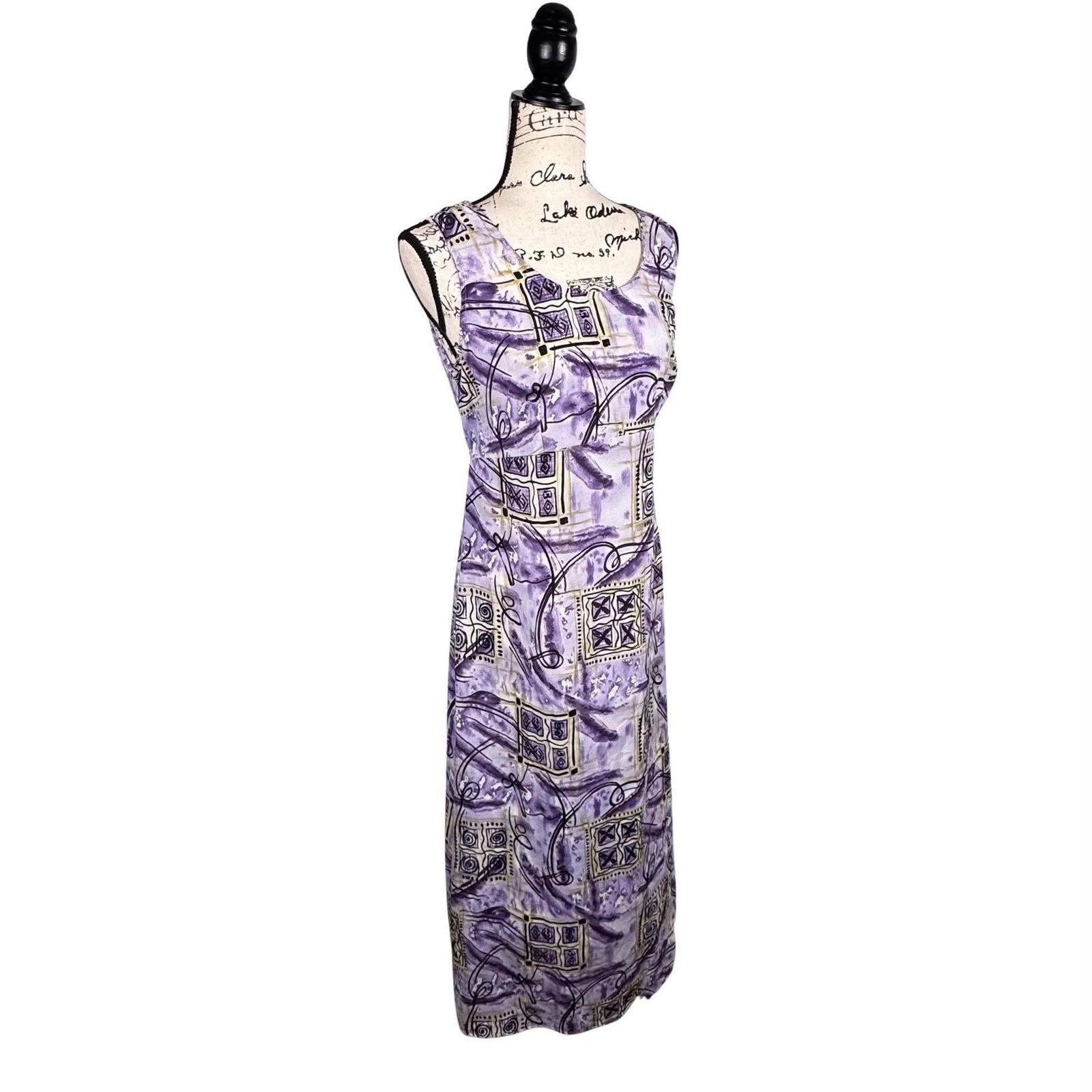 90s Maxi Dress Sleeveless Abstract Geometric Empire Waist Fairy Cottage Sz L