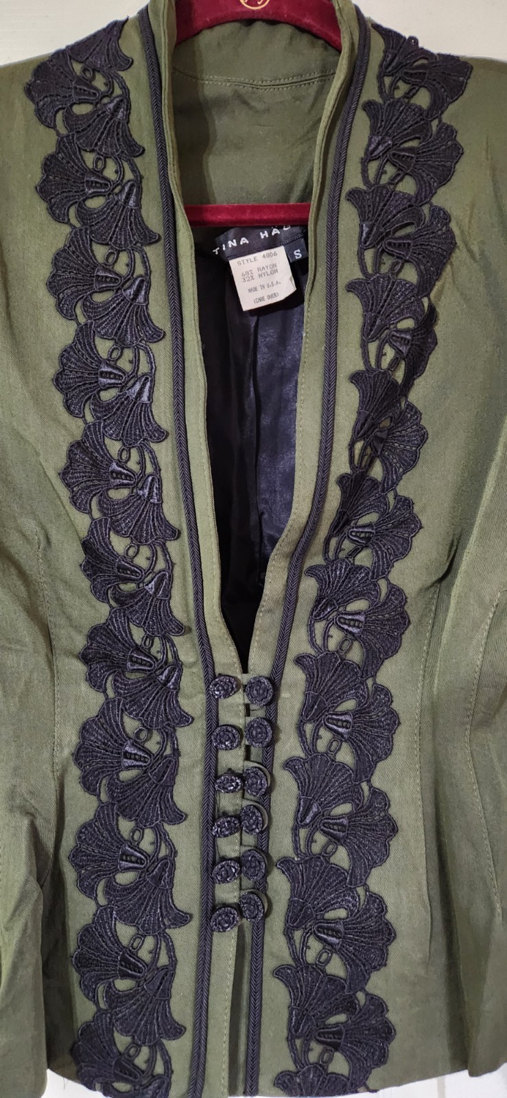 Edwardian Olive Green Jacket Black Embroidered Trim Flower Petals Size Small 90s