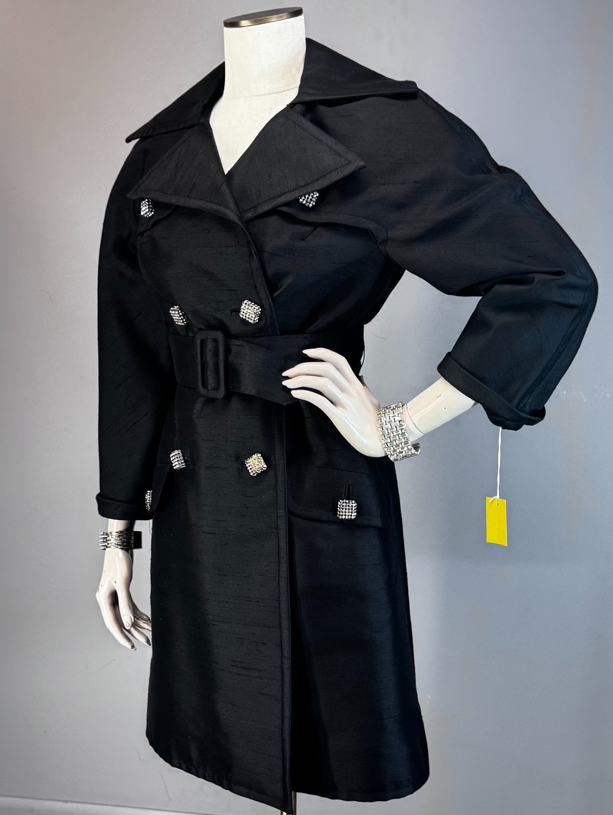 Vtg Coat 60s MOD Trench Wool Silk 3D Square Rhinestone Buttons Lasserre NOS NWT