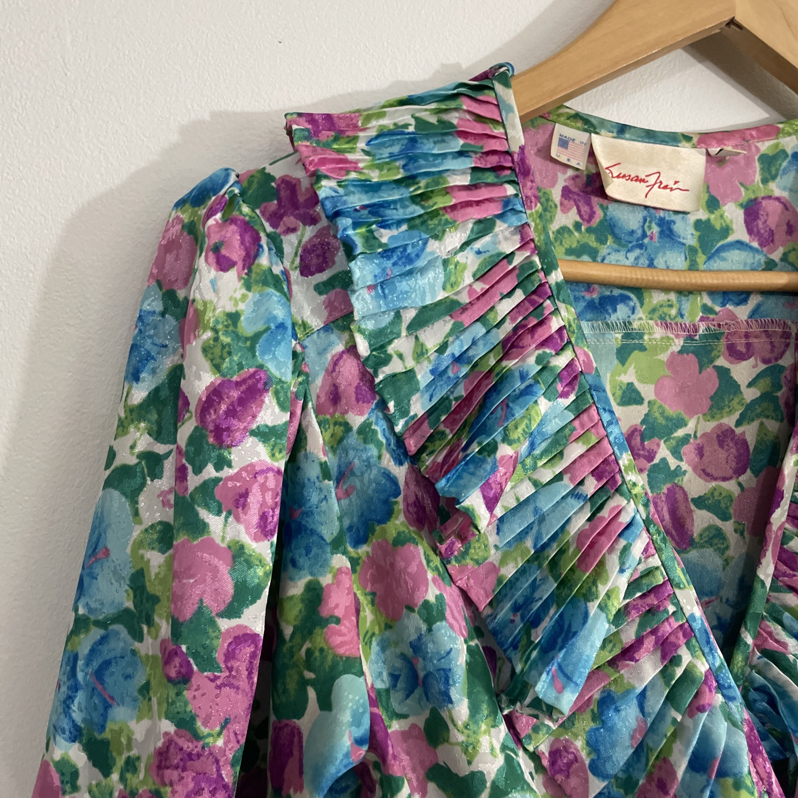 Vintage Susan Freis Floral Ruffled Midi Dress XS Smocked Waist 3/4 Sleeve AOP