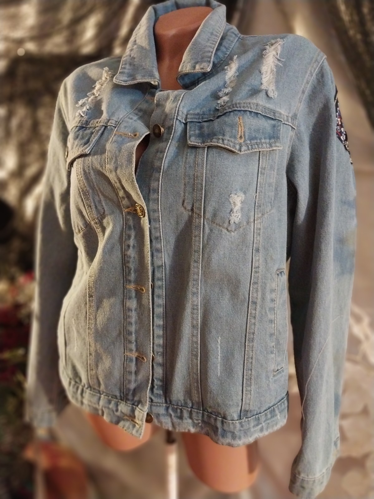 VTG Y2K 90’S BOHO Embroidered Denim Jacket Floral Embellished Tribal Pyramid SEE