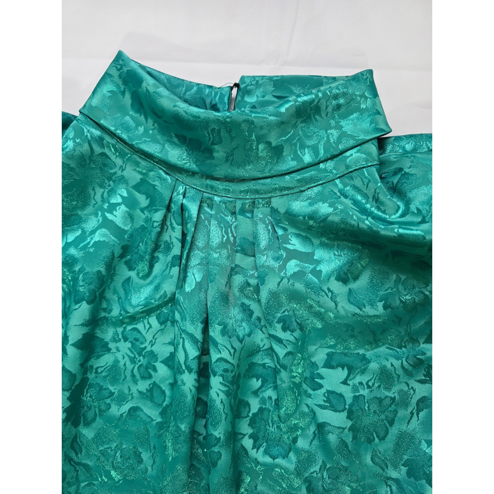 Cindy Collins Vintage Emerald Green Floral Jacquard Mock Neck Blouse Large USA
