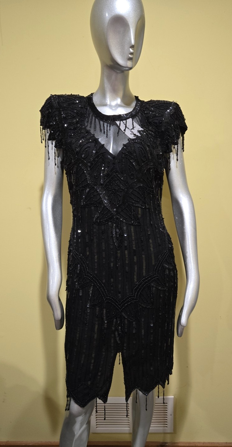 Vintage Laurence Kazar Sequin Beaded Tassel Formal Short Dress Large Black