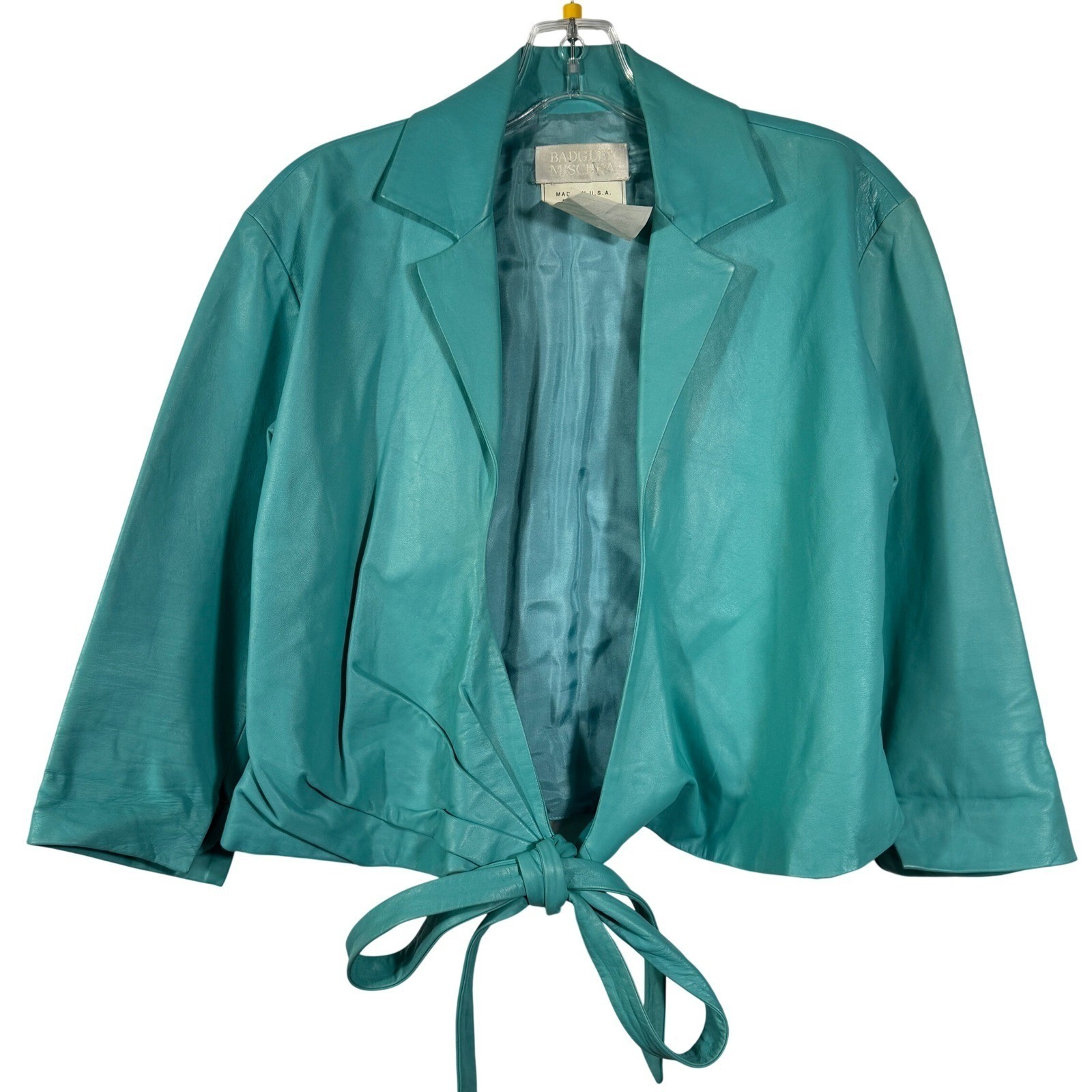 Badgley Mischka Vintage Teal Leather Jacket Silk Lined Cropped Tie Waist Sz M/8
