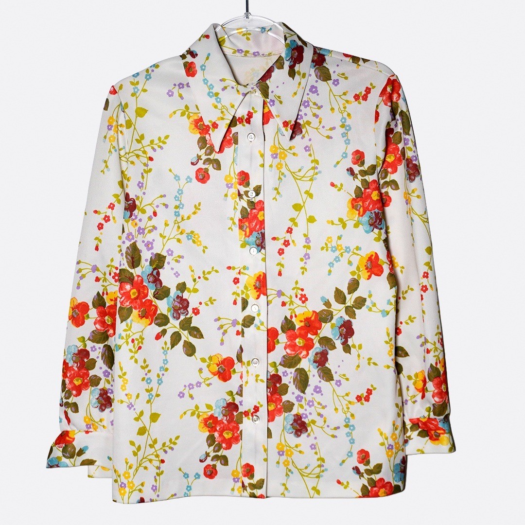 Retro 70s Floral Dagger Collar Button-Down Blouse White Red Orange Print 0X L