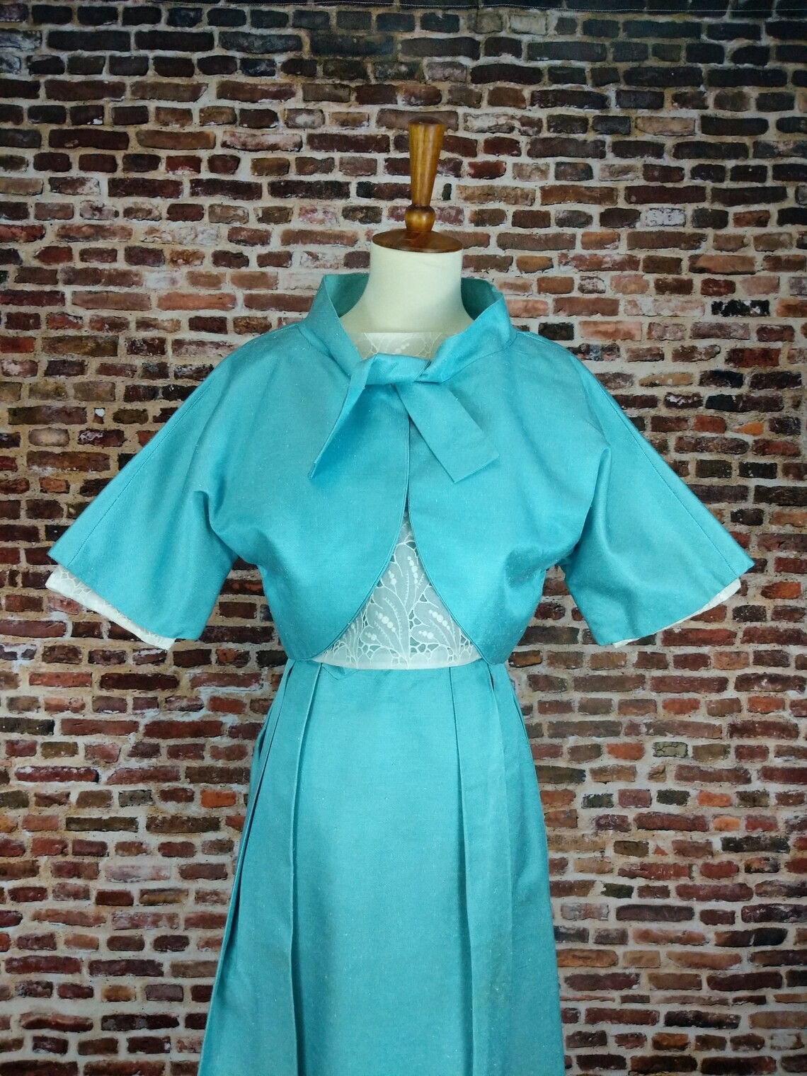 Silk Formal Dress Vintage 50’s 60’s Blue Dress Shirt Jacket Set Sz Small XS MCM