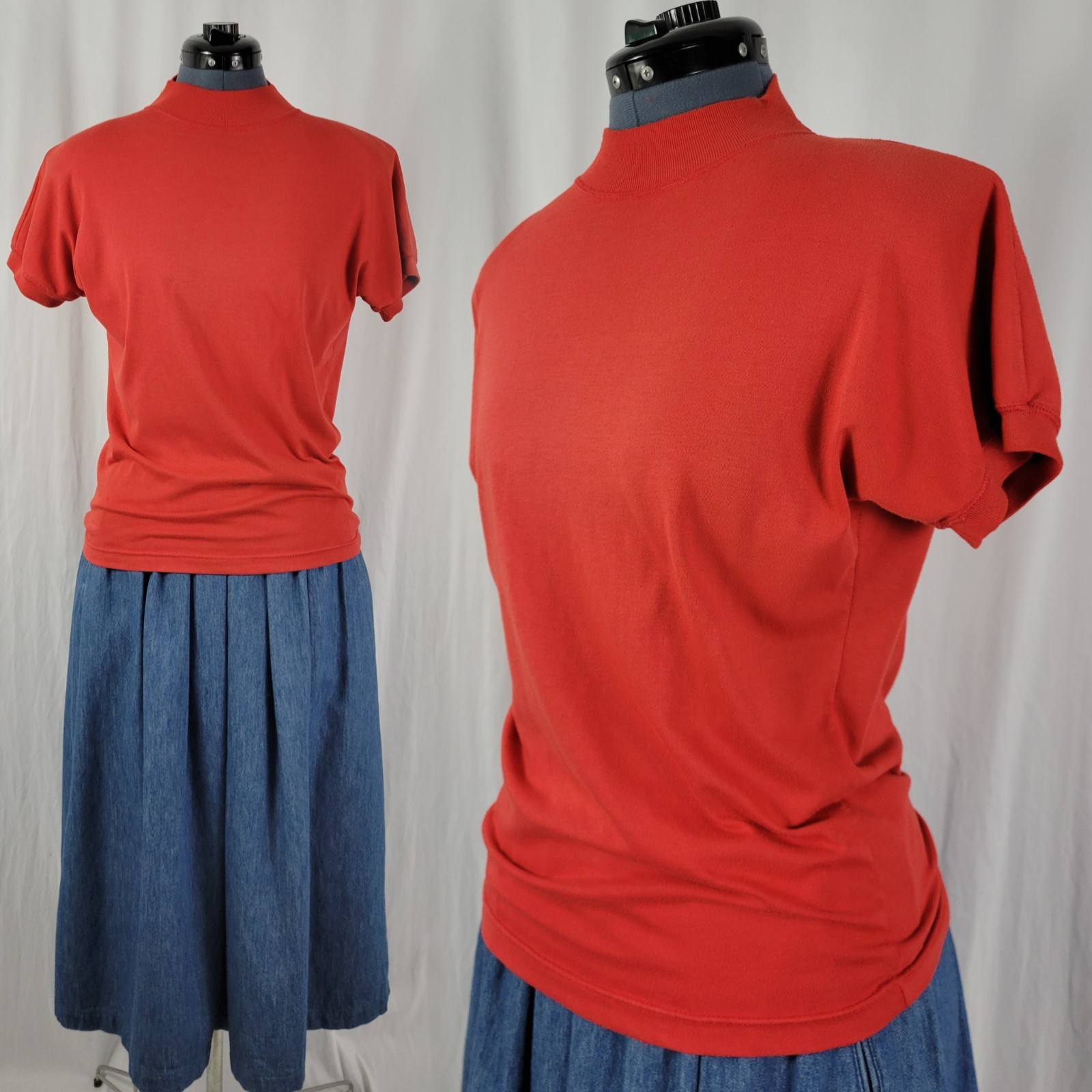 Vintage Red Mock Turtleneck Dropped Shoulder Top w Ribbed Collar & Cuffs Size M
