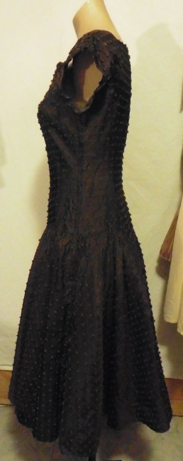 40s Dark Chocolate Brown Drop Waist Tufted Nubby Taffeta Party Dress sz S