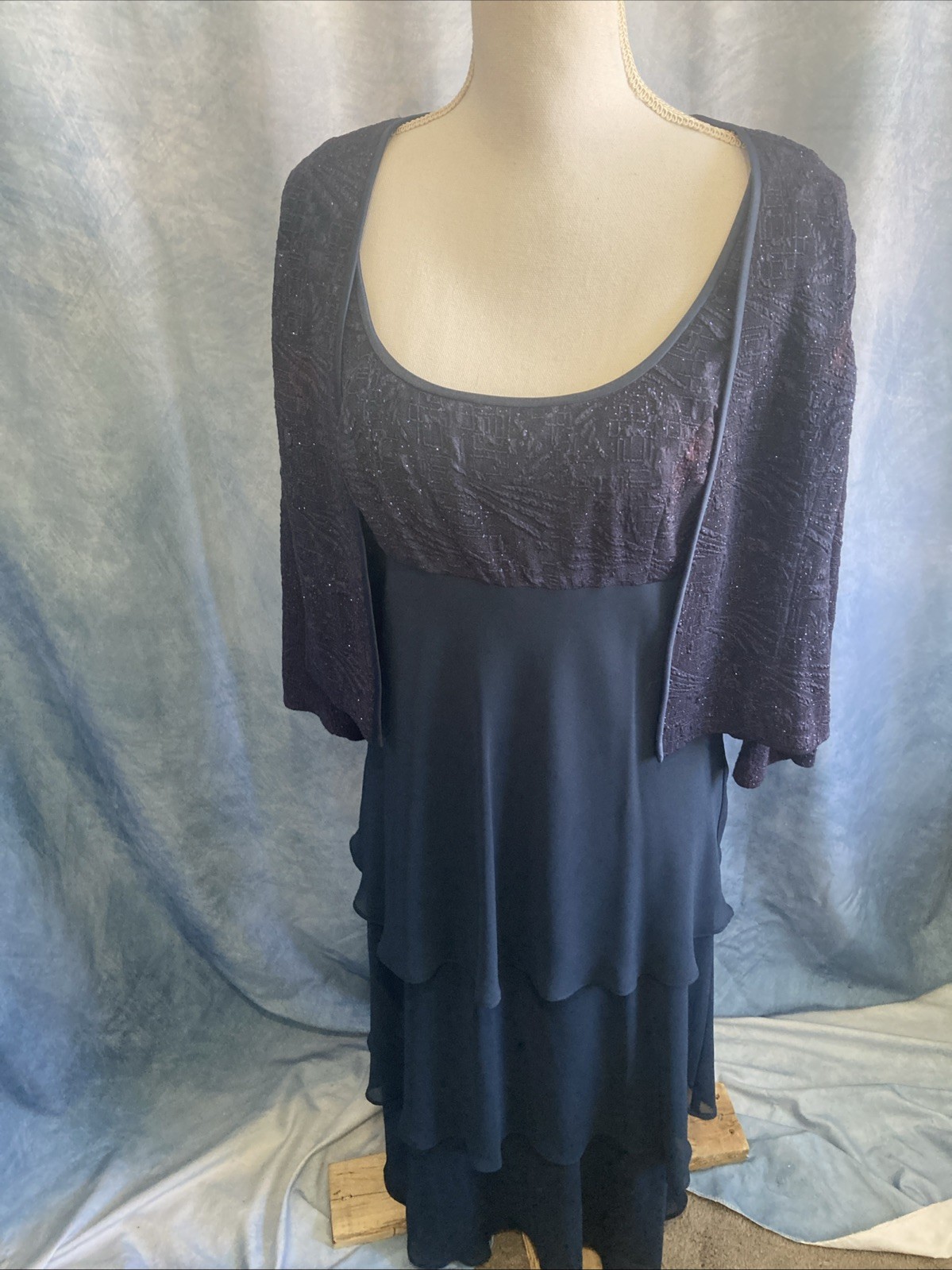 Alex Evenings Y2K Dress Jacket Set 12 Navy Tiered Chiffon 22805 AS IS – BLEACHED
