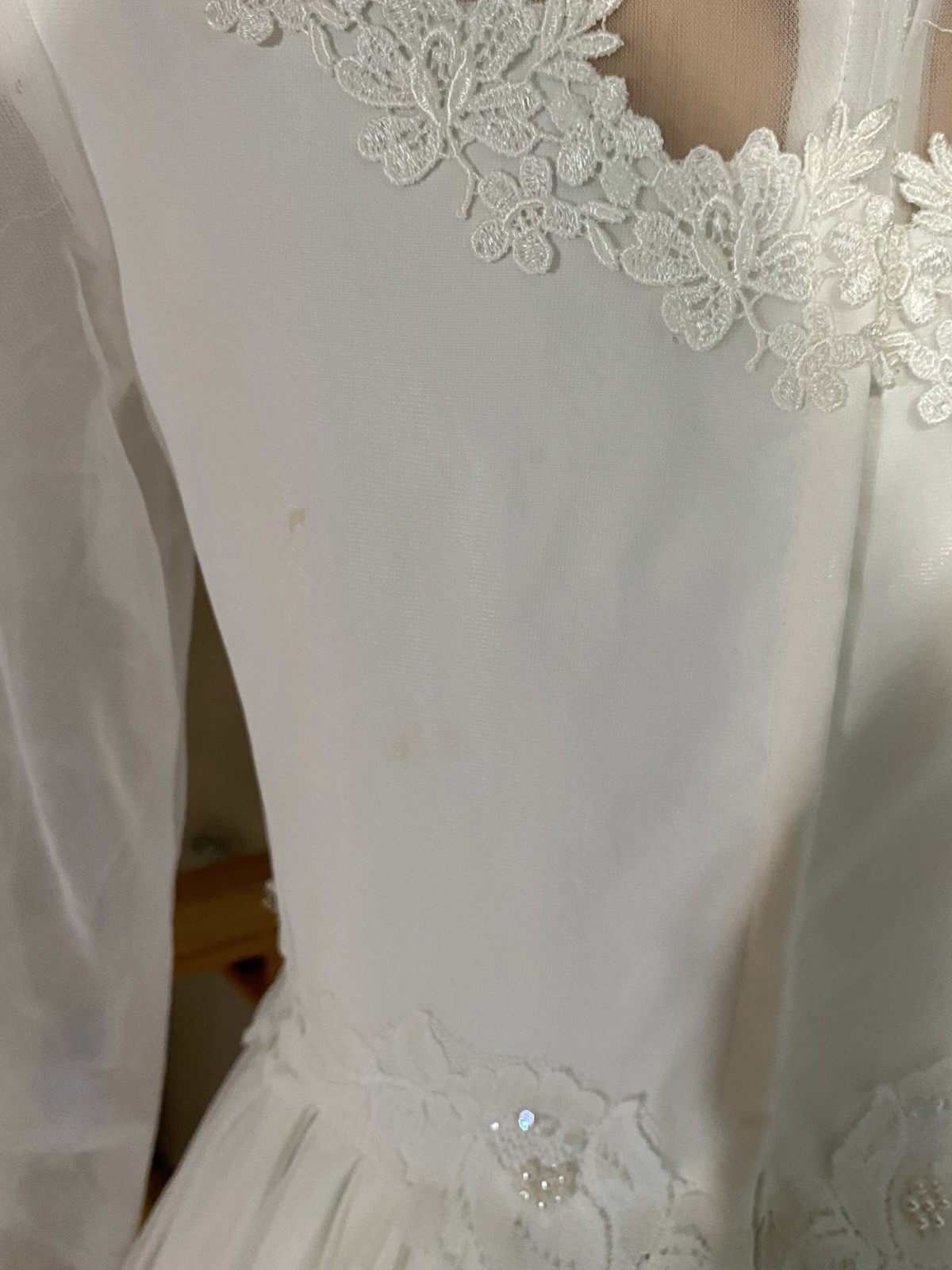 Vintage Lace Pearl Appliqué High Neck Long Sheer Sleeve 1970s Wedding Gown S/M