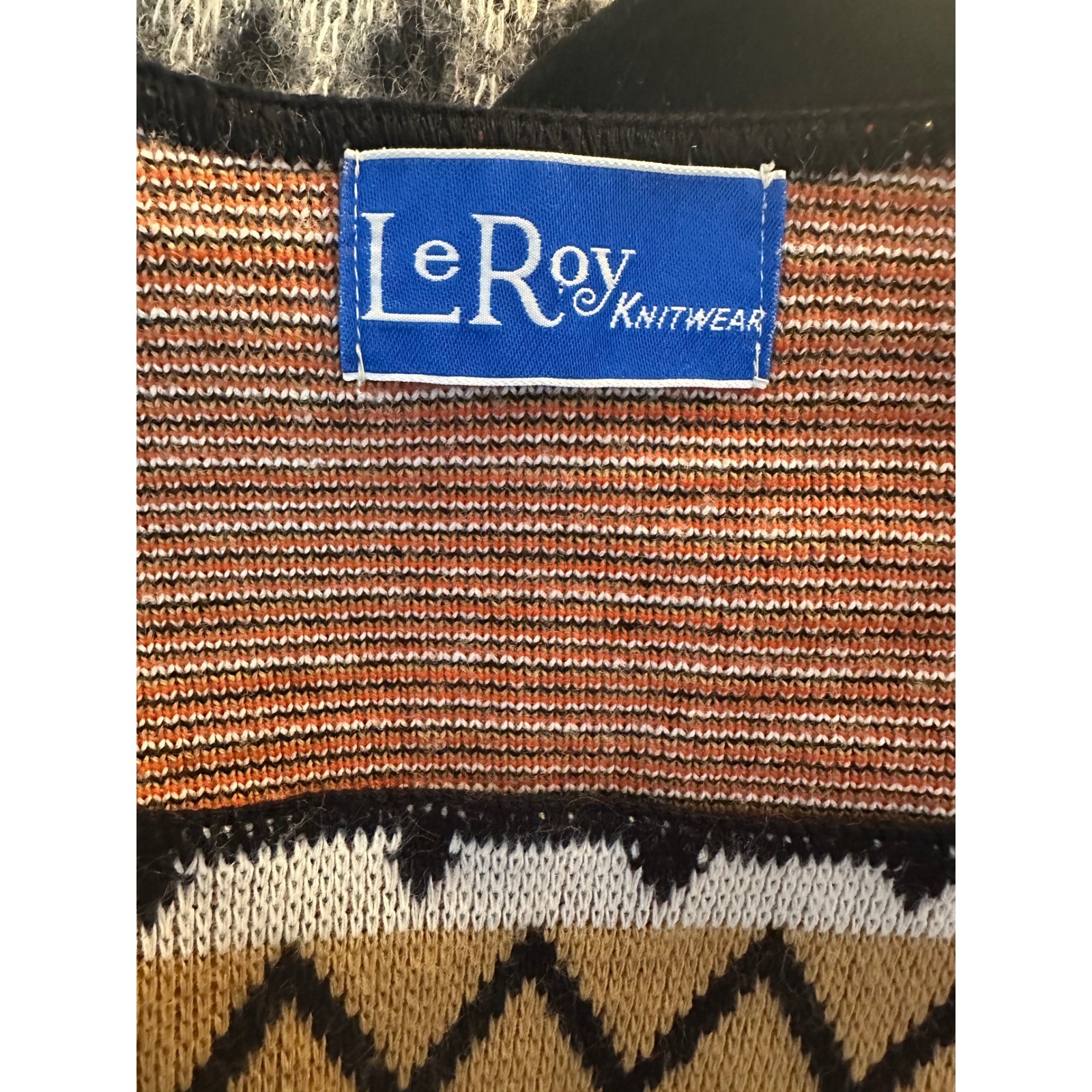 LeRoy Vintage Cream Geometric Fair Isle Square Neck Knit Sweater Top Size Medium