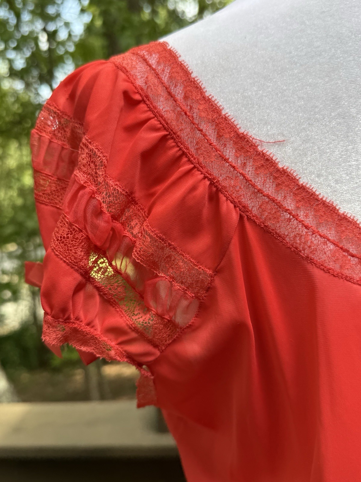 Vtg 60s Nightgown Chiffon Pleat Maxi Empire Goddess Siren Red Lace Nylon M 36 38