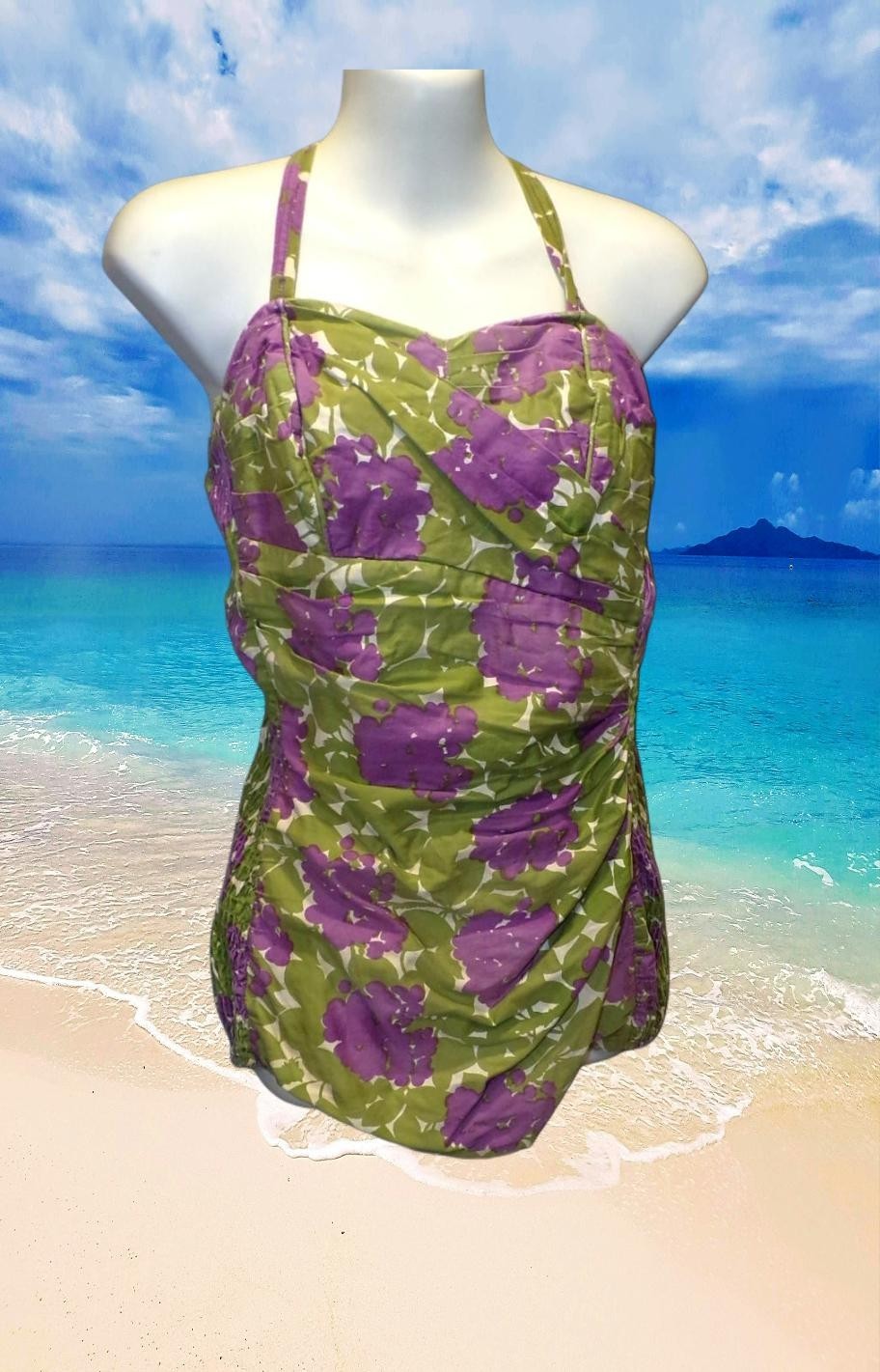 SEXY VTG 40s 50s HOLLYWOOD GLAM ROCKABILLY HAWAIIAN FLORAL SWIMSUIT BATHING S M